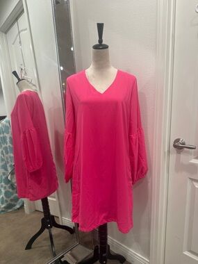 Belongsci Hot Pink V-Neck Tunic Dress
